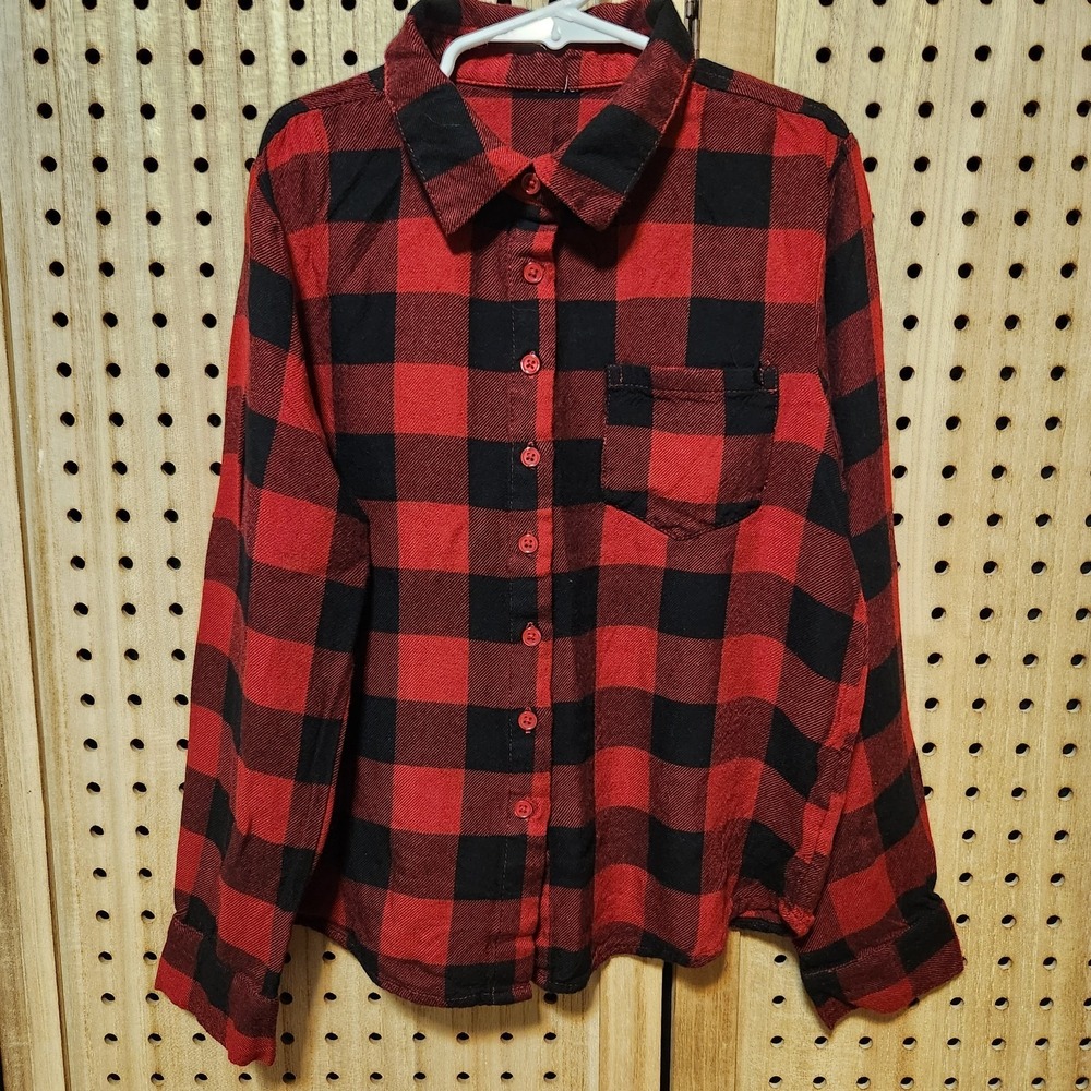 Red And black plaid Flannel button up shirt Kids M 8‎ Super Soft